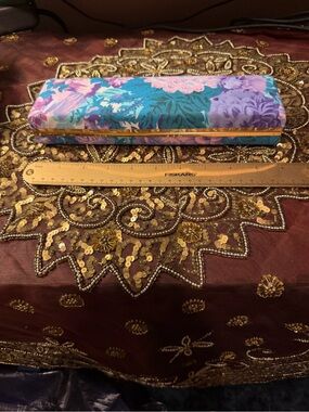 Source Unknown Blue and Purple Floral Jewelry Case with Gold Trim